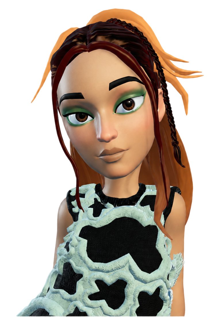 A 3D avatar of Nicole with orange braided hair, green eyeshadow, and a black-and-white fringed top.